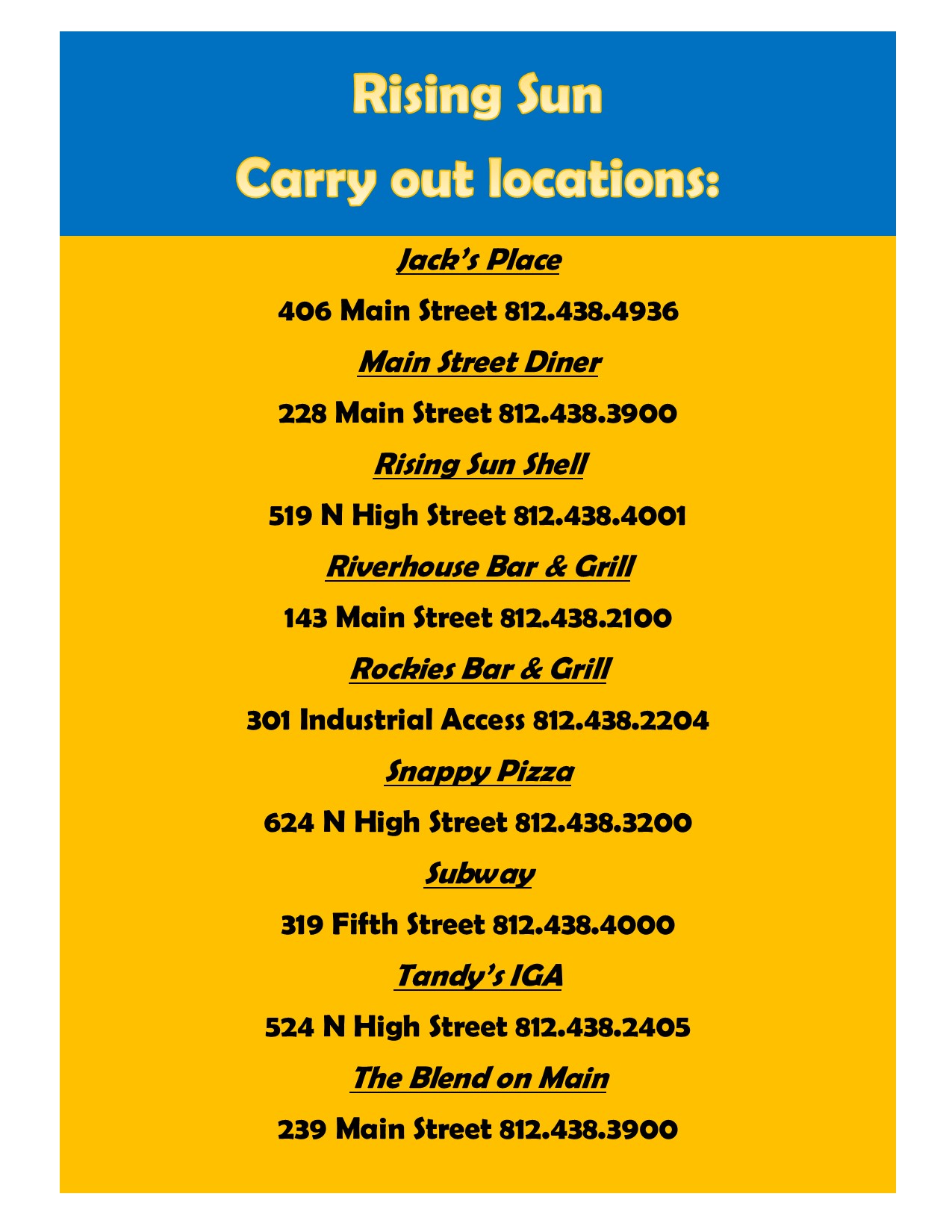 Local CarryOut Food Options City of Rising Sun, Indiana